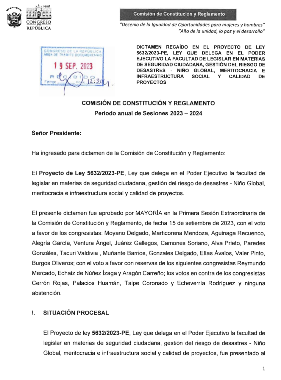 Captura del dictamen con detalle de votaciones en Comisión de Constitución