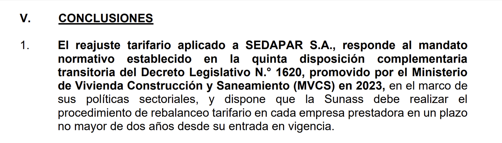 Conclusiones del Informe N.° 00306-2025-SUNASS-DRT sobre el reajuste tarifario de SEDAPAR