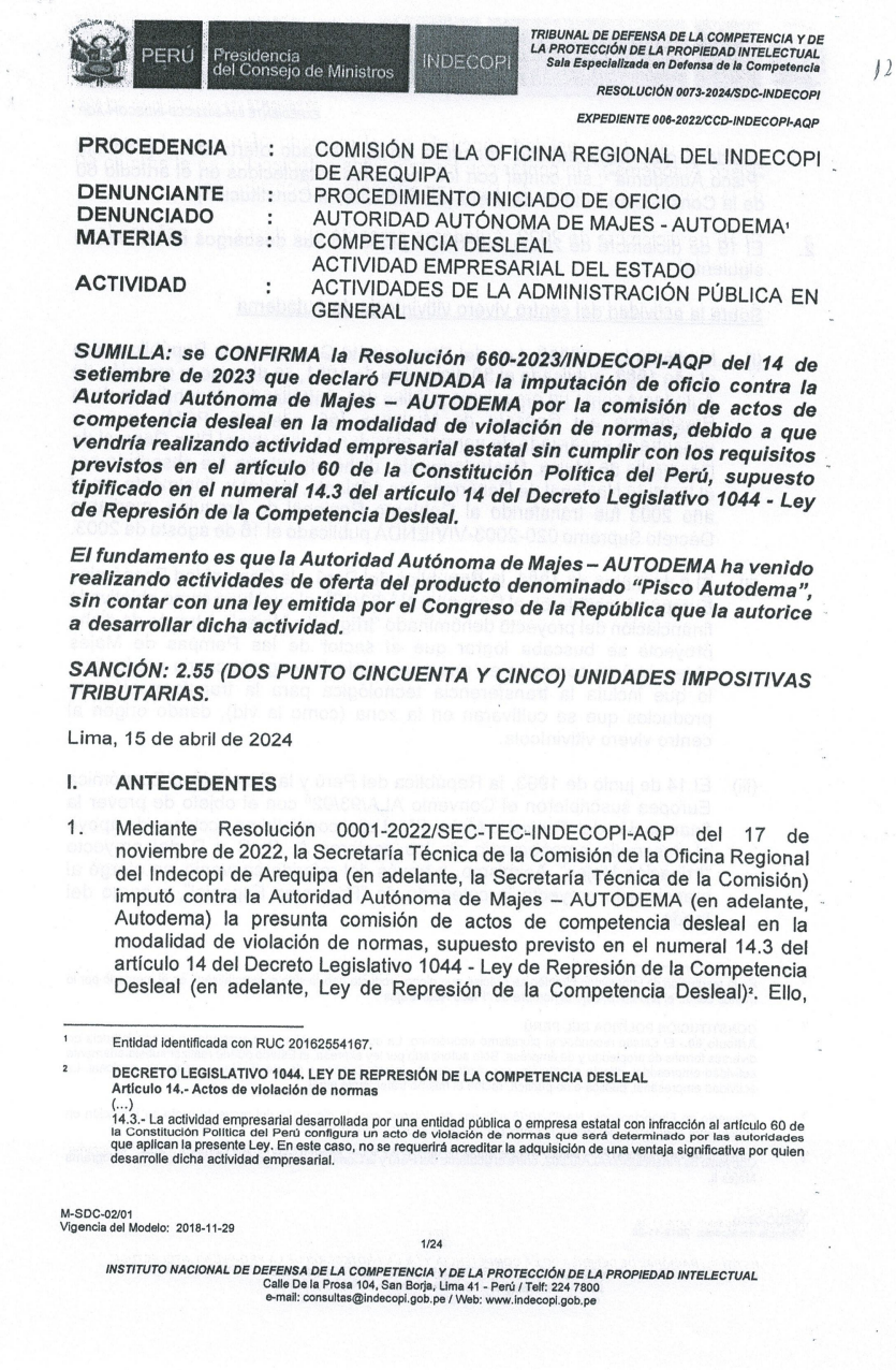 Resolución de INDECOPI sobre el Pisco Autodema